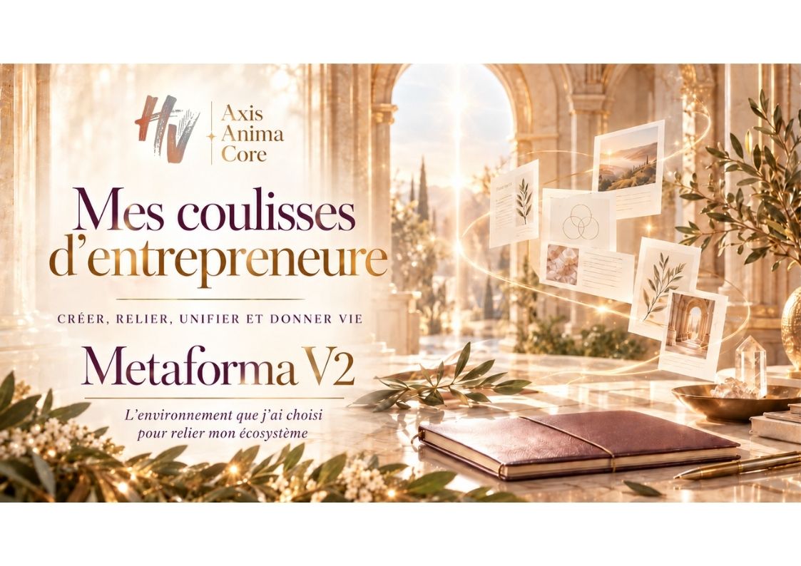 Metaforma V2 – Mes coulisses d’entrepreneure ⎸ Hélène Vytale Illustration Metaforma dans les coulisses d'entepreneure d'Hélène Vytale - environnement numérique pour relier son écosystème : Metaforma V2, carnet et ressources numériques reliées dans un décor lumineux, aux couleurs d'Axis Anima Core.